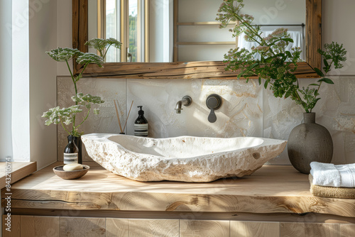 A serene bathroom with a stone sink, wooden accents, and natural light, creating a spa-like experience. Concept of Japandi-inspired bathroom. Generative Ai.