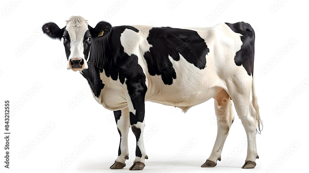Holstein cow standing on a white background, showcasing the distinctive black and white markings of this dairy breed. Holstein cow standing on a white background, showcasing the distinctive black and white markings of this dairy breed.