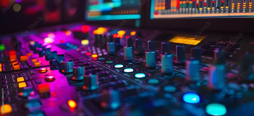 colorful mixing console in music studio

