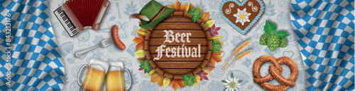 oktoberfest banner with wooden round signboard and fall leaves. german beer festival banner with bavarian flags, pretzel and beer mugs