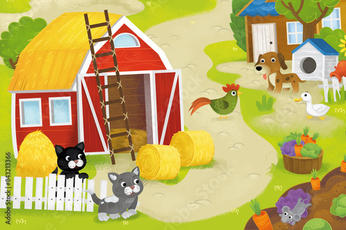 cartoon summer scene with farm ranch enclosure backyard garden and happy animals barn chicken coop or pigsty with car vehicle tractor illustration for children photo