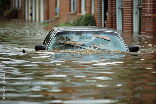 A car submerged in murky waistdeep floodwater with its windshield wipers still moving as the aftermath of a citywide flood takes its toll photo