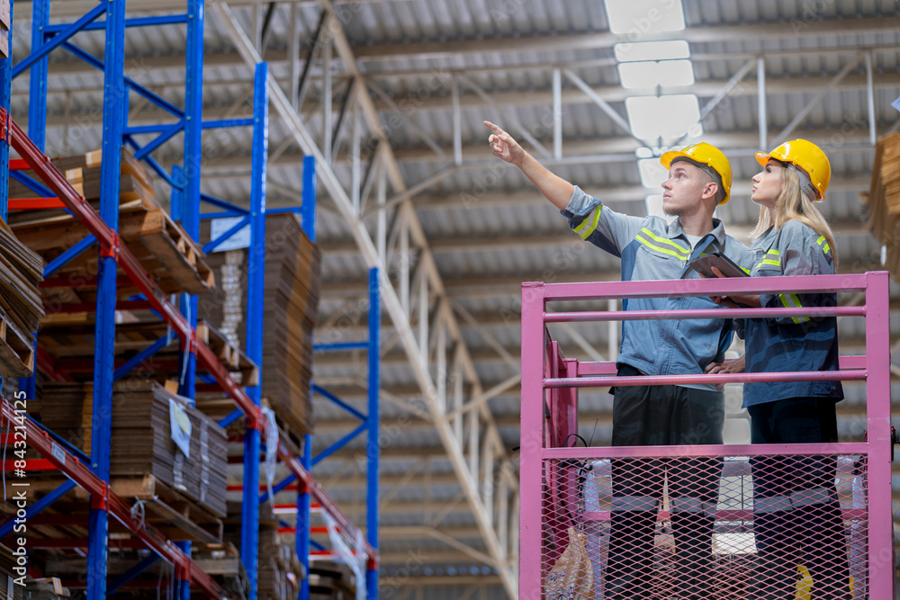 workers man and woman using a hydraulic scissor lift to check stock near the shelves warehouse. industry factory warehouse. Worker Screening Package In Warehouse. workers man and woman using a hydraulic scissor lift to check stock near the shelves warehouse. industry factory warehouse. Worker Screening Package In Warehouse.