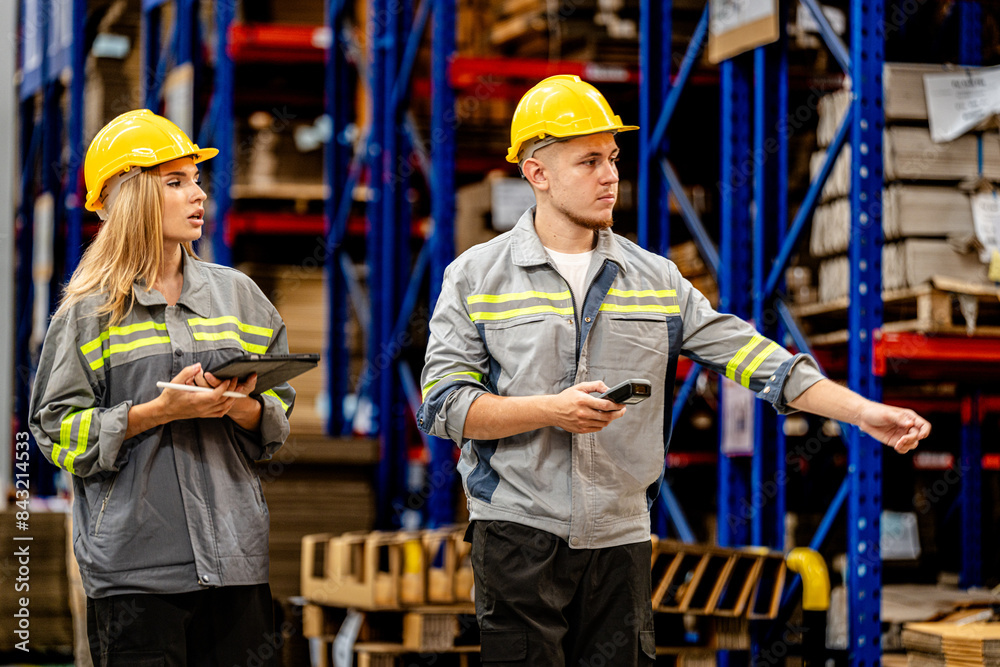 man and woman worker walking and checking stock for shipping. Female inspecting the store factory. Logistics employees holding folders at on site warehouse area for shipping transportation. man and woman worker walking and checking stock for shipping. Female inspecting the store factory. Logistics employees holding folders at on site warehouse area for shipping transportation.
