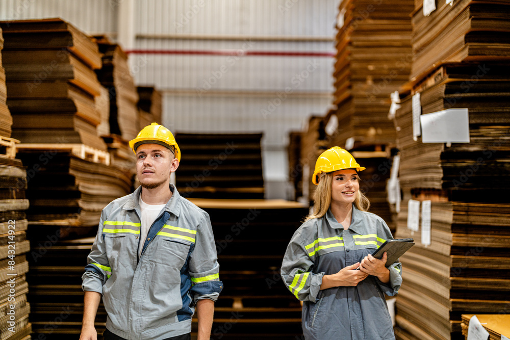 man and woman worker walking and checking stock for shipping. Female inspecting the store factory. Logistics employees holding folders at on site warehouse area for shipping transportation. man and woman worker walking and checking stock for shipping. Female inspecting the store factory. Logistics employees holding folders at on site warehouse area for shipping transportation.