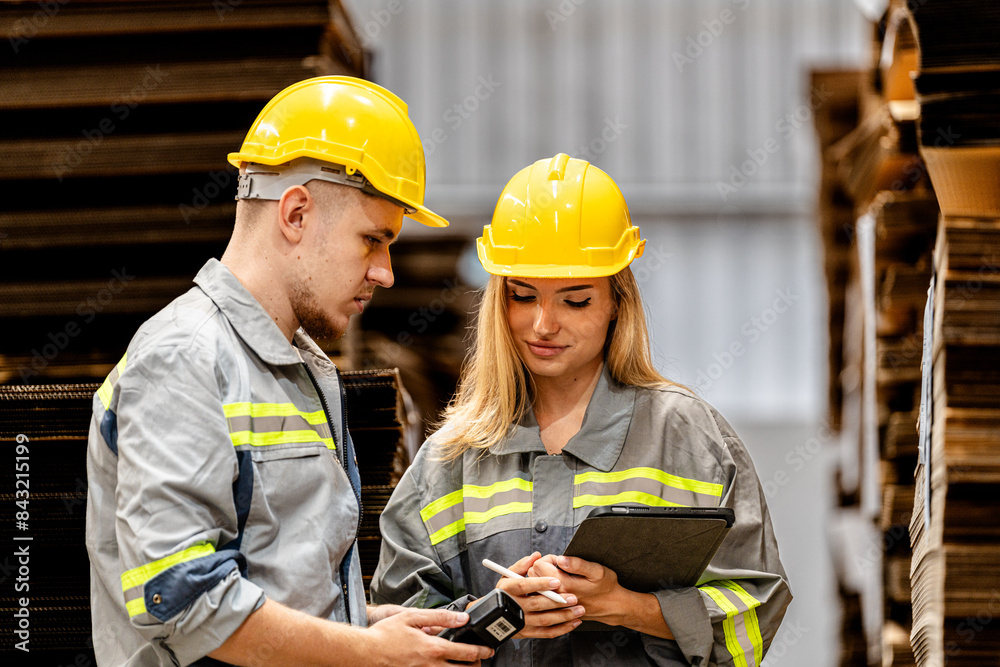 man and woman worker walking and checking stock for shipping. Female inspecting the store factory. Logistics employees holding folders at on site warehouse area for shipping transportation. man and woman worker walking and checking stock for shipping. Female inspecting the store factory. Logistics employees holding folders at on site warehouse area for shipping transportation.
