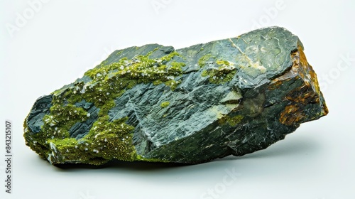 Natural mineral stone macro photography Green nepheline with brown biotite in Schist nepheline syenite on plain white background photo