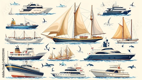 Various ship set, marine transport. Collection of tanker, sailboat, freight, cargo, yacht, fishing boat, cruise liner, speedboat. Shipping vessel, nautical voyage and resort. Vector illustration photo