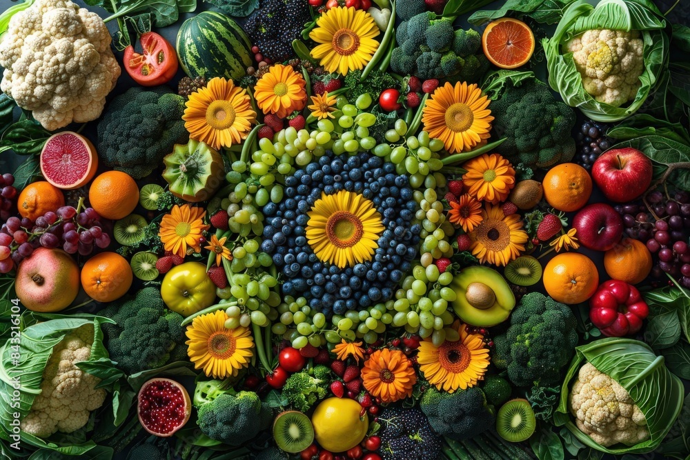 A beautiful and colorful arrangement of fruits and vegetables