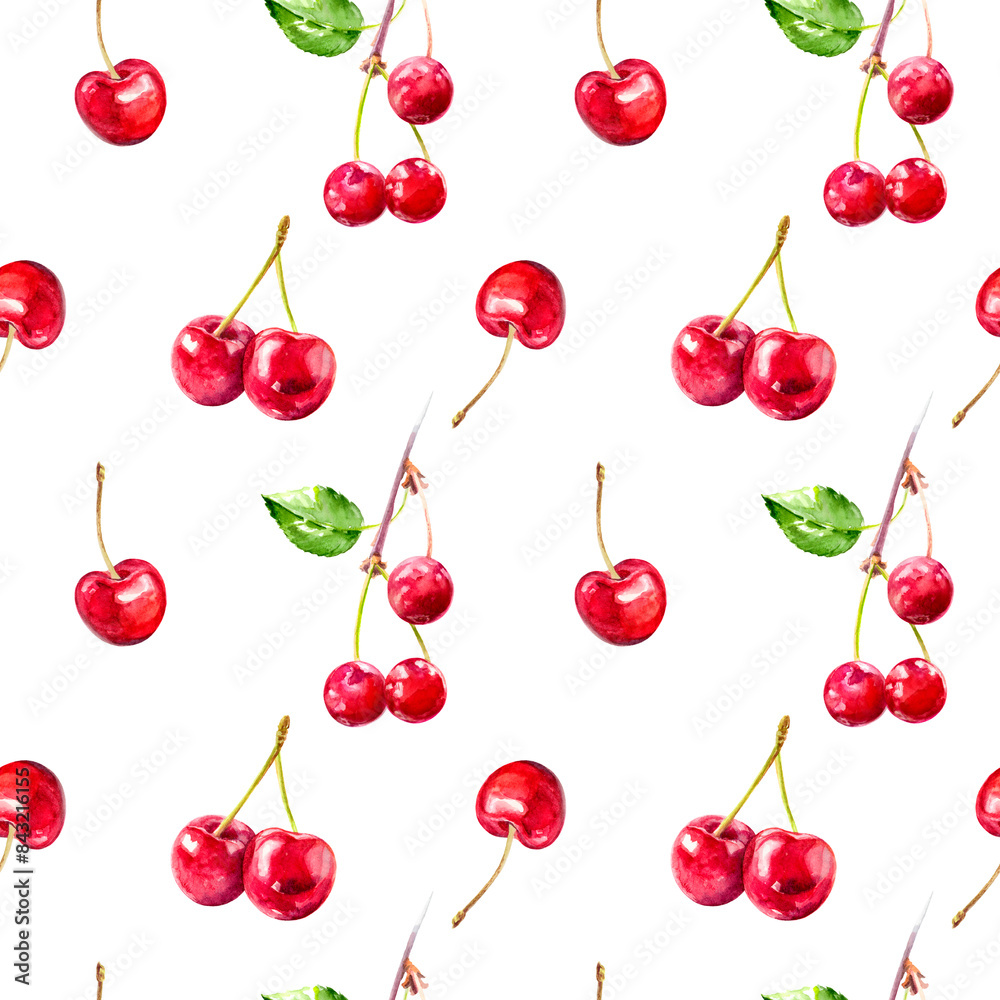 Seamless pattern of red cherries on white background for textiles or wallpapers Seamless pattern of red cherries on white background for textiles or wallpapers