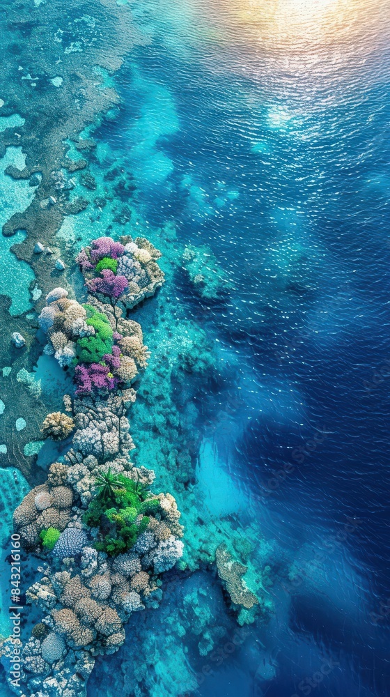 Fototapeta premium An aerial view of a coral reef. The water is crystal clear. The reef is full of colorful coral and fish. The sun is shining down, creating a beautiful sparkle on the water.