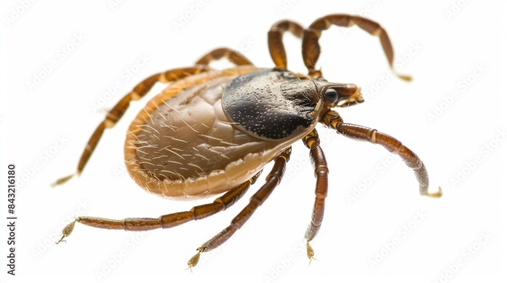 Deer tick, ixodes scapularis, is crawling on a white background showing its eight legs and mouthparts Deer tick, ixodes scapularis, is crawling on a white background showing its eight legs and mouthparts