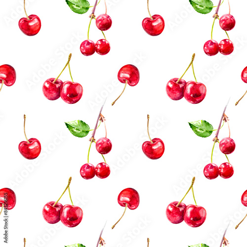 Seamless pattern of red cherries on white background for textiles or wallpapers