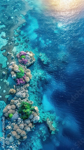 An aerial view of a coral reef. The water is crystal clear. The reef is full of colorful coral and fish. The sun is shining down, creating a beautiful sparkle on the water.
