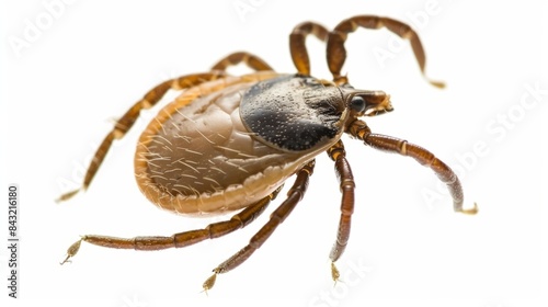 Deer tick, ixodes scapularis, is crawling on a white background showing its eight legs and mouthparts photo