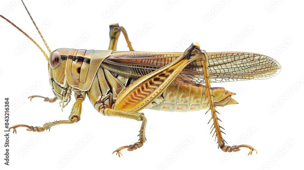 Fototapeta premium Detailed image of a large lubber grasshopper on a white background, emphasizing its complex anatomy
