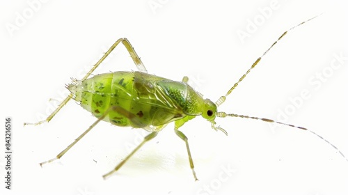 Delicate green bug with six legs and antennae explores on a white background, showcasing the beauty of wildlife in nature photo