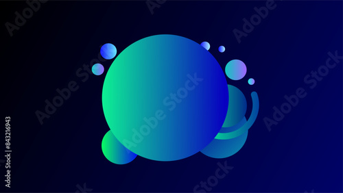 Blue green circles with abstract shapes design over glowing dark blue gradient background