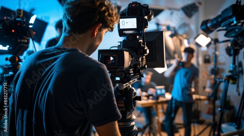 Young Diverse Team Of Filmmakers In A Bright Studio, With A Male Caucasian Videographer Holding A Camera, Surrounded By Lighting Equipment And Colleagues Reviewing Production Notes. 