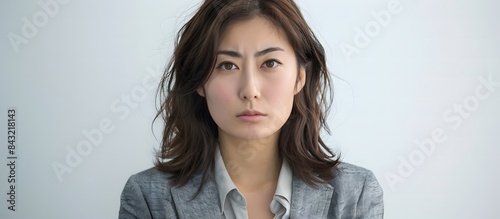 Angry Japanese Woman in Business Casual on White Background with Intense Expression