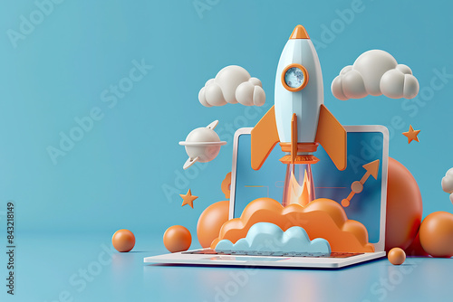 Fototapeta Naklejka Na Ścianę i Meble -  Cartoon rocket launching with clouds for children's playful and educational themes. Whimsical illustration of rocket ship taking off in a colorful sky.