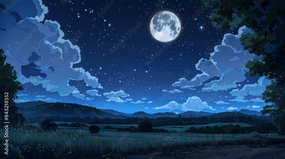 A clear night sky with a full moon shining over a quiet countryside, Japanese animation background