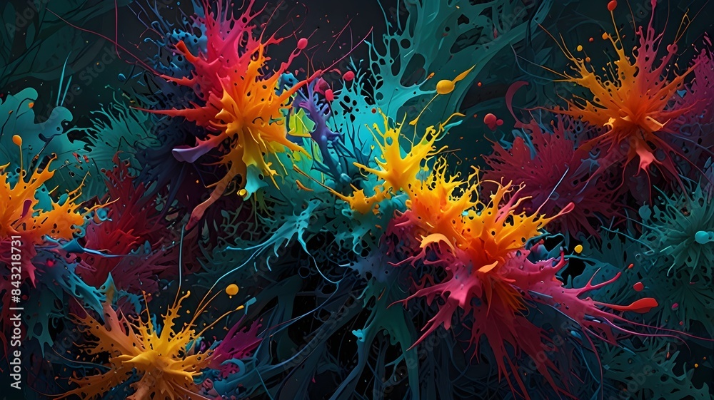 Vibrant paint splashes on dark background, dynamic and abstract digital artwork with vivid colors and fluid forms, Generative AI Vibrant paint splashes on dark background, dynamic and abstract digital artwork with vivid colors and fluid forms, Generative AI