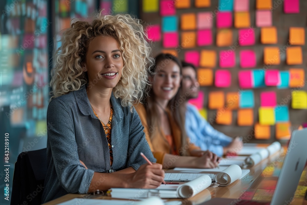 A group of creative business professionals brainstorm ideas in a boardroom, surrounded by colorful post-it notes
