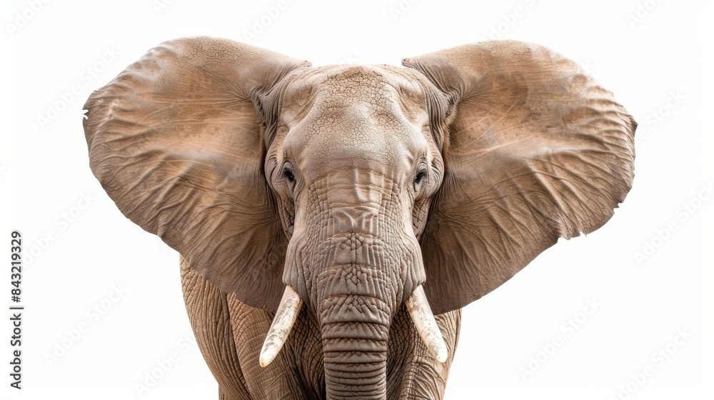 Obraz premium African elephant with big tusks and large ears gazes ahead against a white backdrop