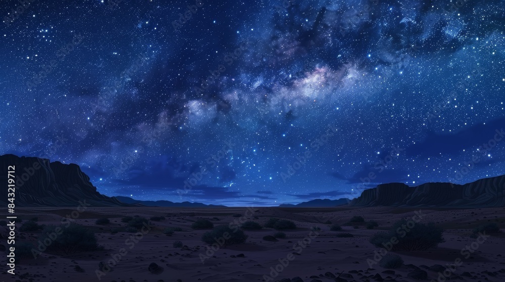 A starry sky with the Milky Way visible over a remote desert, Japanese animation background A starry sky with the Milky Way visible over a remote desert, Japanese animation background