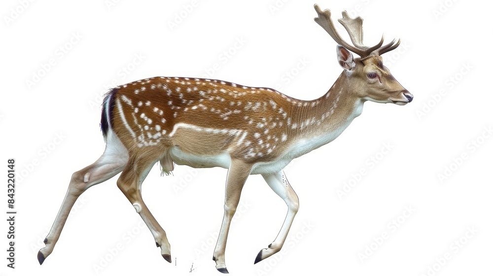 Young fallow deer buck with antlers is gracefully walking on a clean white background Young fallow deer buck with antlers is gracefully walking on a clean white background