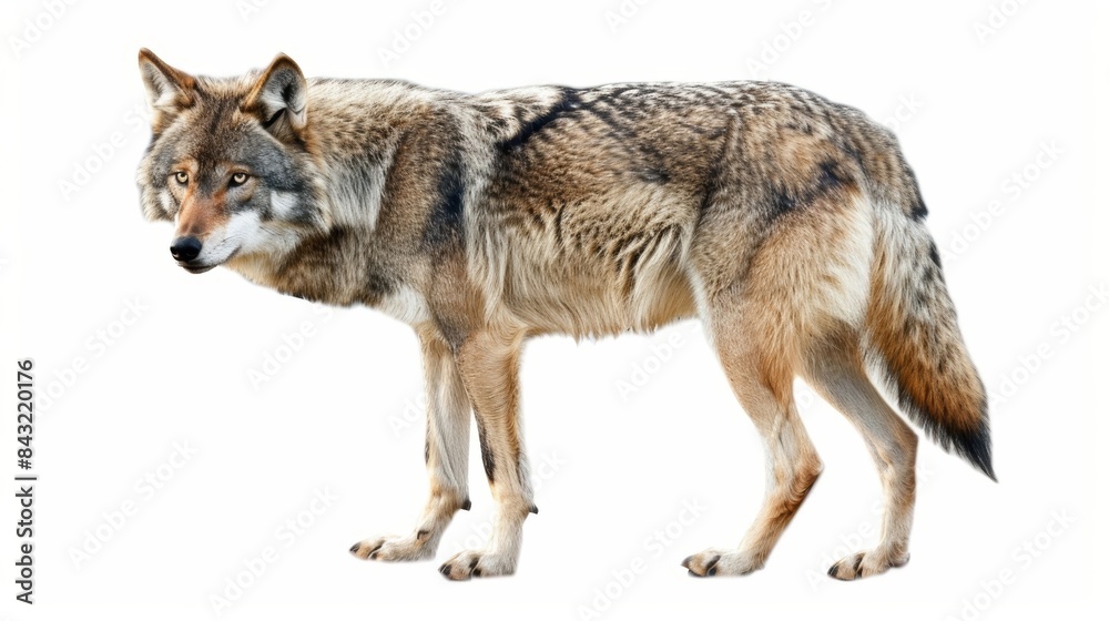 Powerful grey wolf stands proudly in profile against a white backdrop, embodying strength and fierce presence Powerful grey wolf stands proudly in profile against a white backdrop, embodying strength and fierce presence