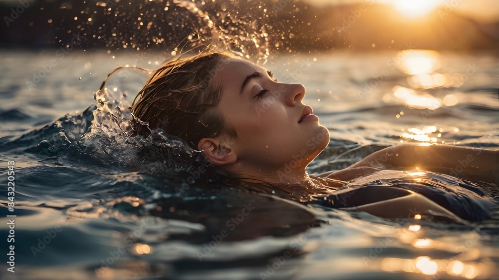 Fototapeta premium Face of young woman swimming backstroke in the lake