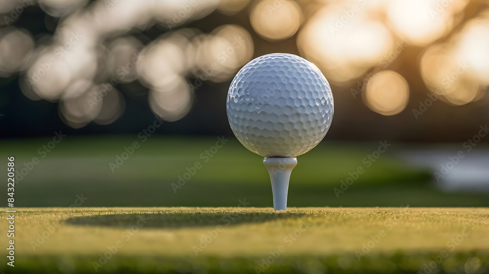 A white golf ball perched on a tee awaits its first strike on a lush green course