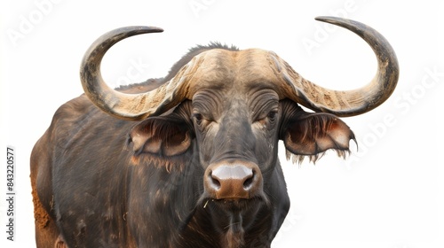 Powerful african buffalo bull with impressive horns and fierce gaze, standing tall against a white background, embodies the essence of wild savannas