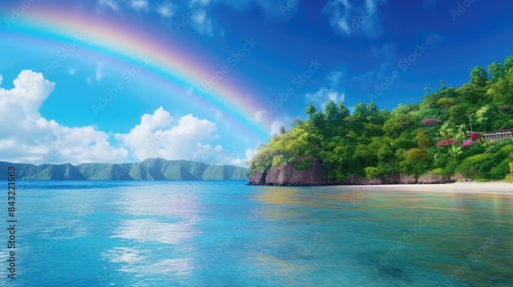 rainbow fall on lake beautiful view of nature