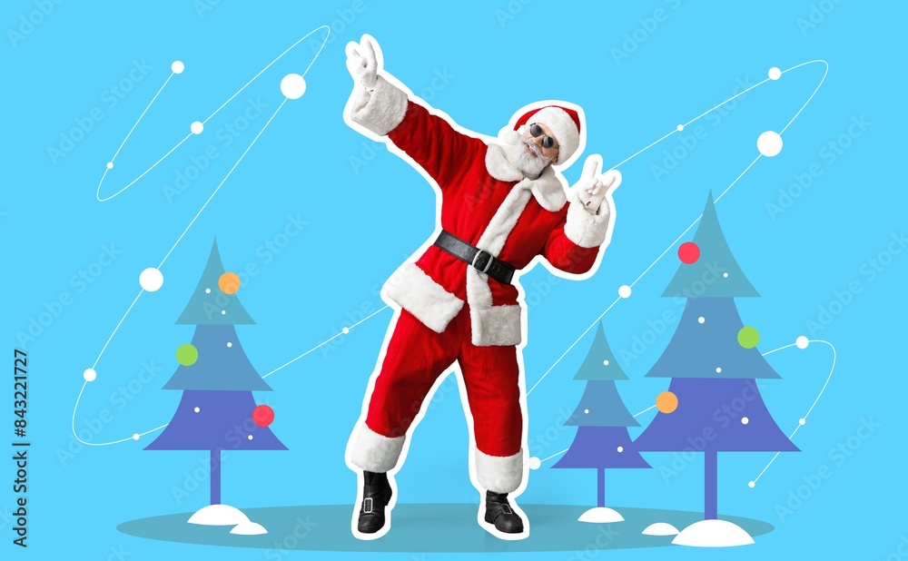 Dancing Santa Claus on blue background. Christmas in July Dancing Santa Claus on blue background. Christmas in July