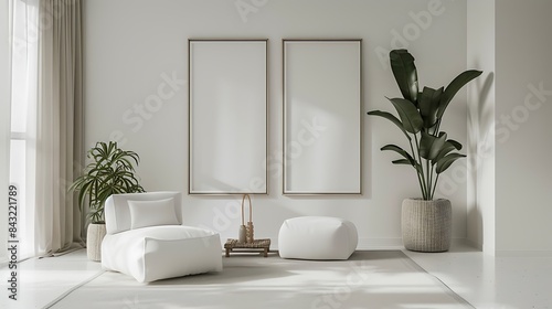 sleek interior with sofa set and decoration with the frames on the wall isolated  and lamp set ted on the white background with bedroom and table