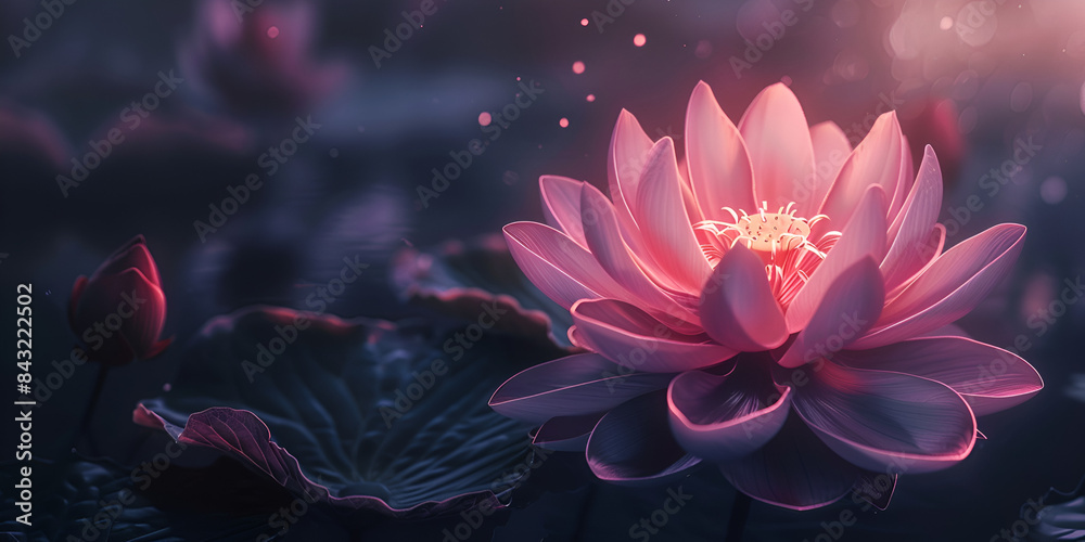 The image is a stylized illustration of a pink water lily with a glowing center, floating on a body of water with a purple hue. The image is a stylized illustration of a pink water lily with a glowing center, floating on a body of water with a purple hue.