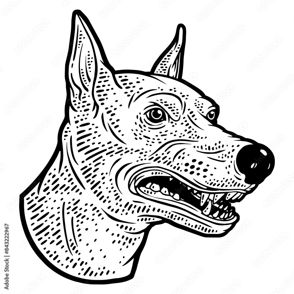 Angry growling doberman dog head sketch engraving PNG illustration. T ...