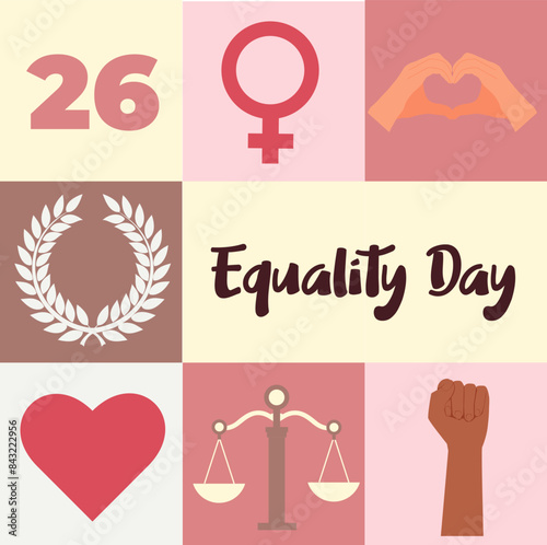 Women's Equality Day banner in bauhaus style. Symbols of women's independence in the USA: Venus, laurel wreath, scales of justice, heart, August 26. Vector illustration.