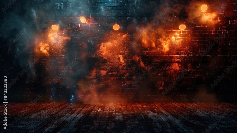 Dark basement room, empty old brick wall, sparks of fire and light on the walls and wooden floor. Dark background with smoke and bright highlights. neon lamps on the wall, night view, made by ai Dark basement room, empty old brick wall, sparks of fire and light on the walls and wooden floor. Dark background with smoke and bright highlights. neon lamps on the wall, night view, made by ai