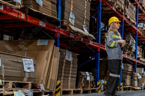 man worker walking and checking stock items for shipping. male inspecting the store factory. Logistics employees holding folders at on site warehouse area for shipping transportation.