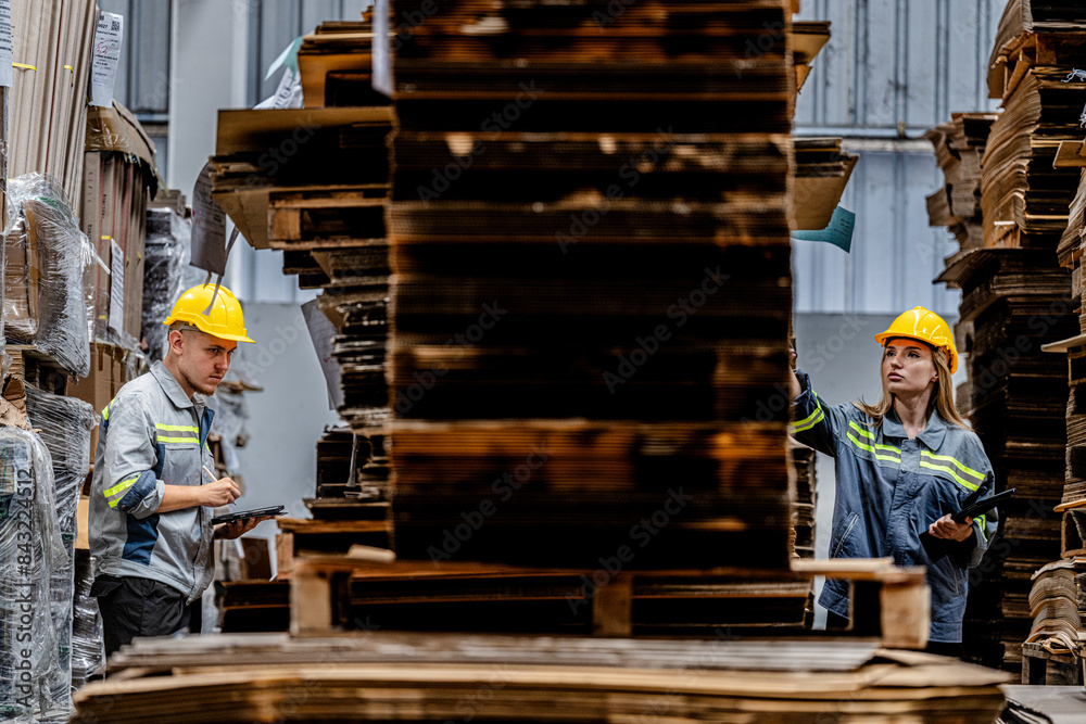 workers walking and checking stock items for shipping. male and female inspecting the store factory. Logistics employees holding folders at on site warehouse area for shipping transportation. workers walking and checking stock items for shipping. male and female inspecting the store factory. Logistics employees holding folders at on site warehouse area for shipping transportation.