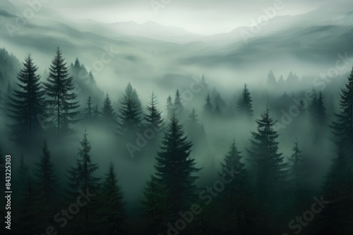 fog on pine forest landscape view