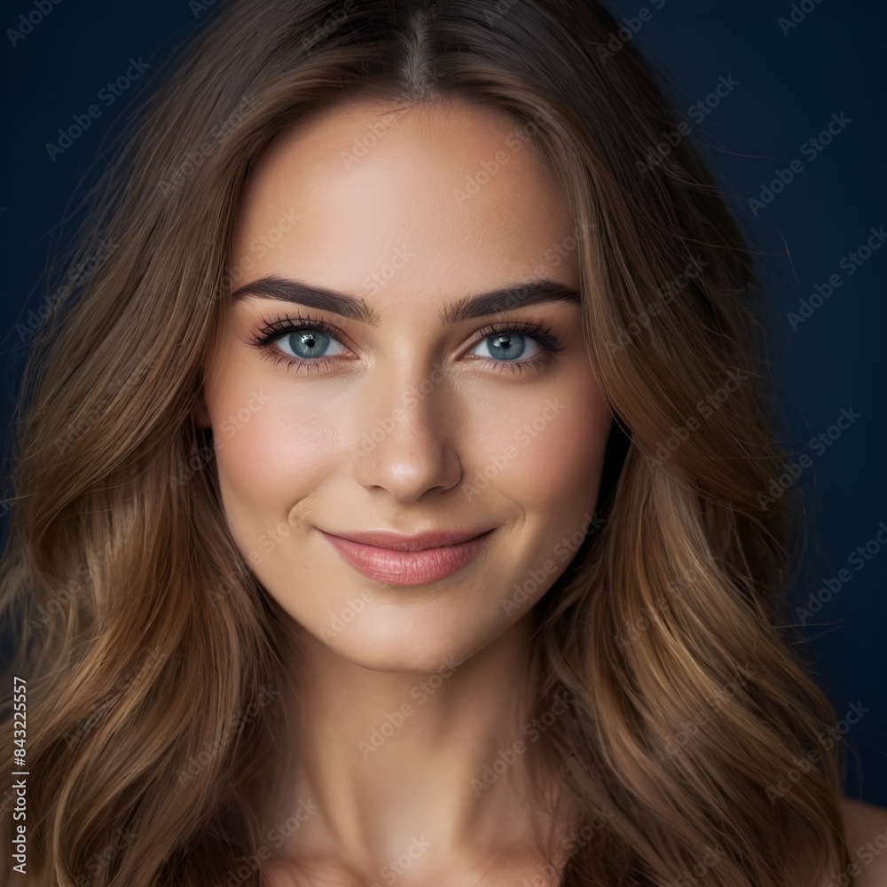 Pretty european beauty woman long hair with makeup glowing face and healthy facial skin portrait smile on isolated dark blue background Pretty european beauty woman long hair with makeup glowing face and healthy facial skin portrait smile on isolated dark blue background