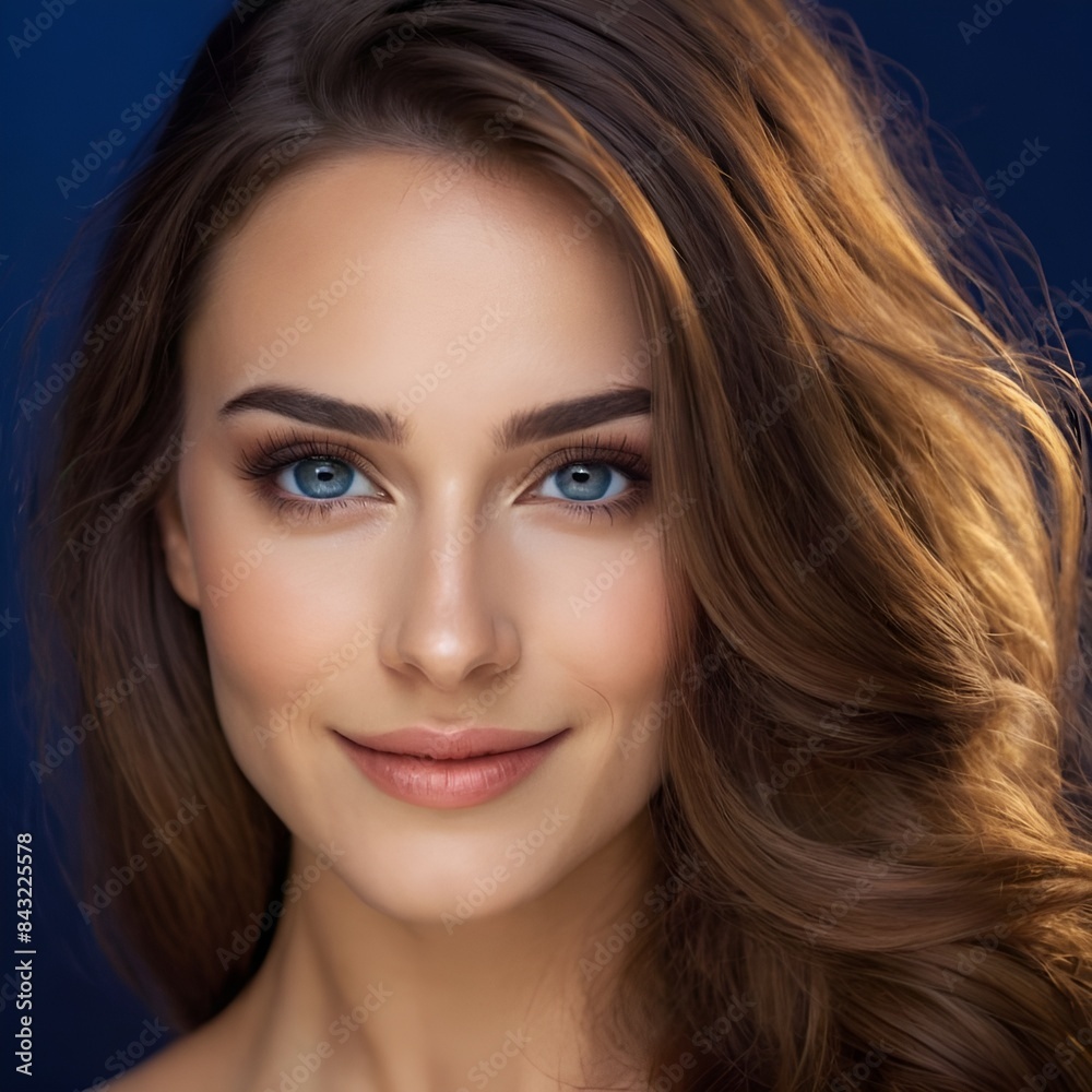Pretty european beauty woman long hair with makeup glowing face and healthy facial skin portrait smile on isolated dark blue background Pretty european beauty woman long hair with makeup glowing face and healthy facial skin portrait smile on isolated dark blue background