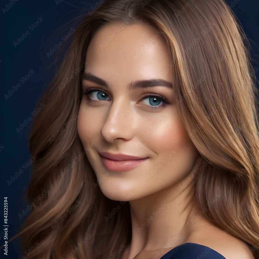 Pretty european beauty woman long hair with makeup glowing face and healthy facial skin portrait smile on isolated dark blue background Pretty european beauty woman long hair with makeup glowing face and healthy facial skin portrait smile on isolated dark blue background
