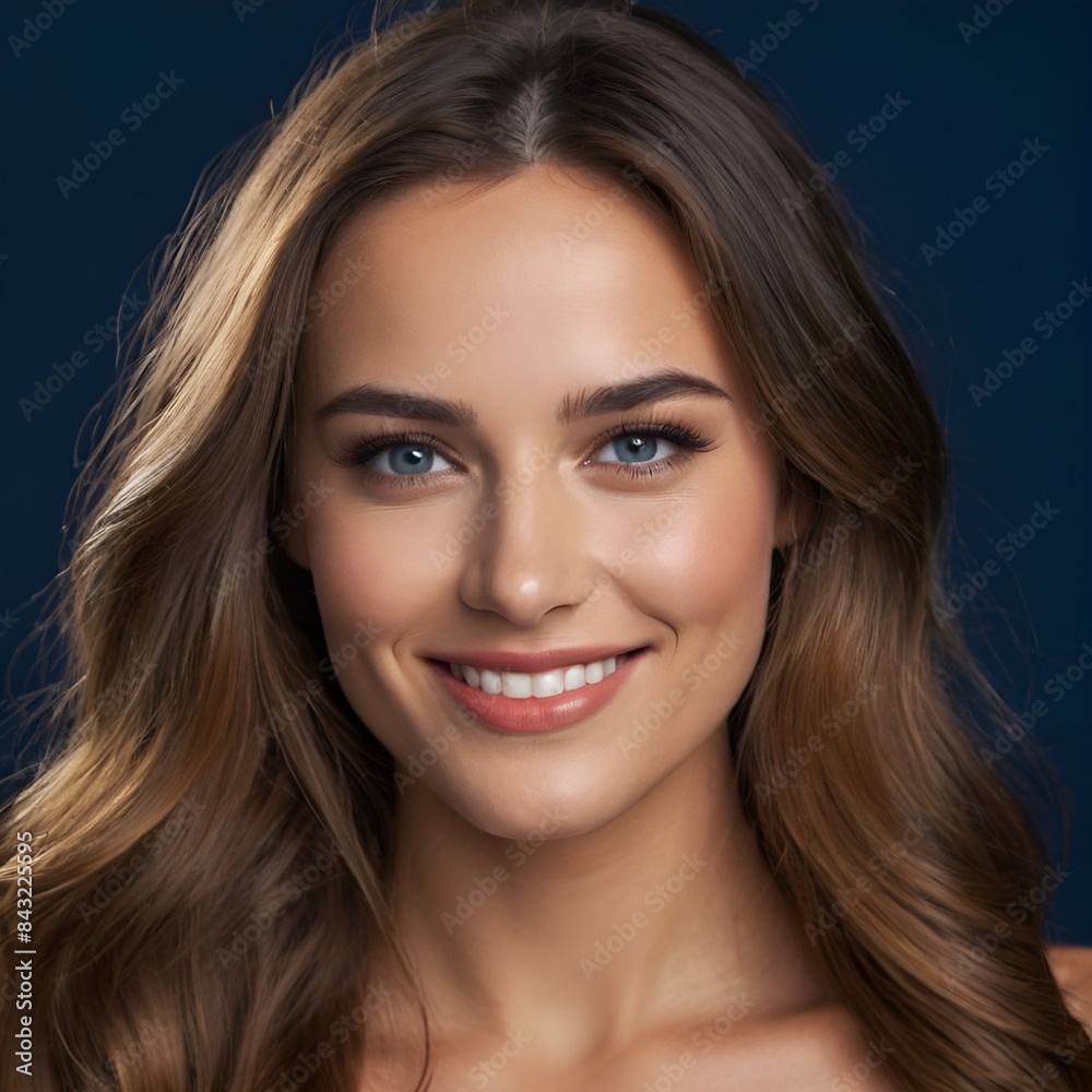 Pretty european beauty woman long hair with makeup glowing face and healthy facial skin portrait smile on isolated dark blue background Pretty european beauty woman long hair with makeup glowing face and healthy facial skin portrait smile on isolated dark blue background