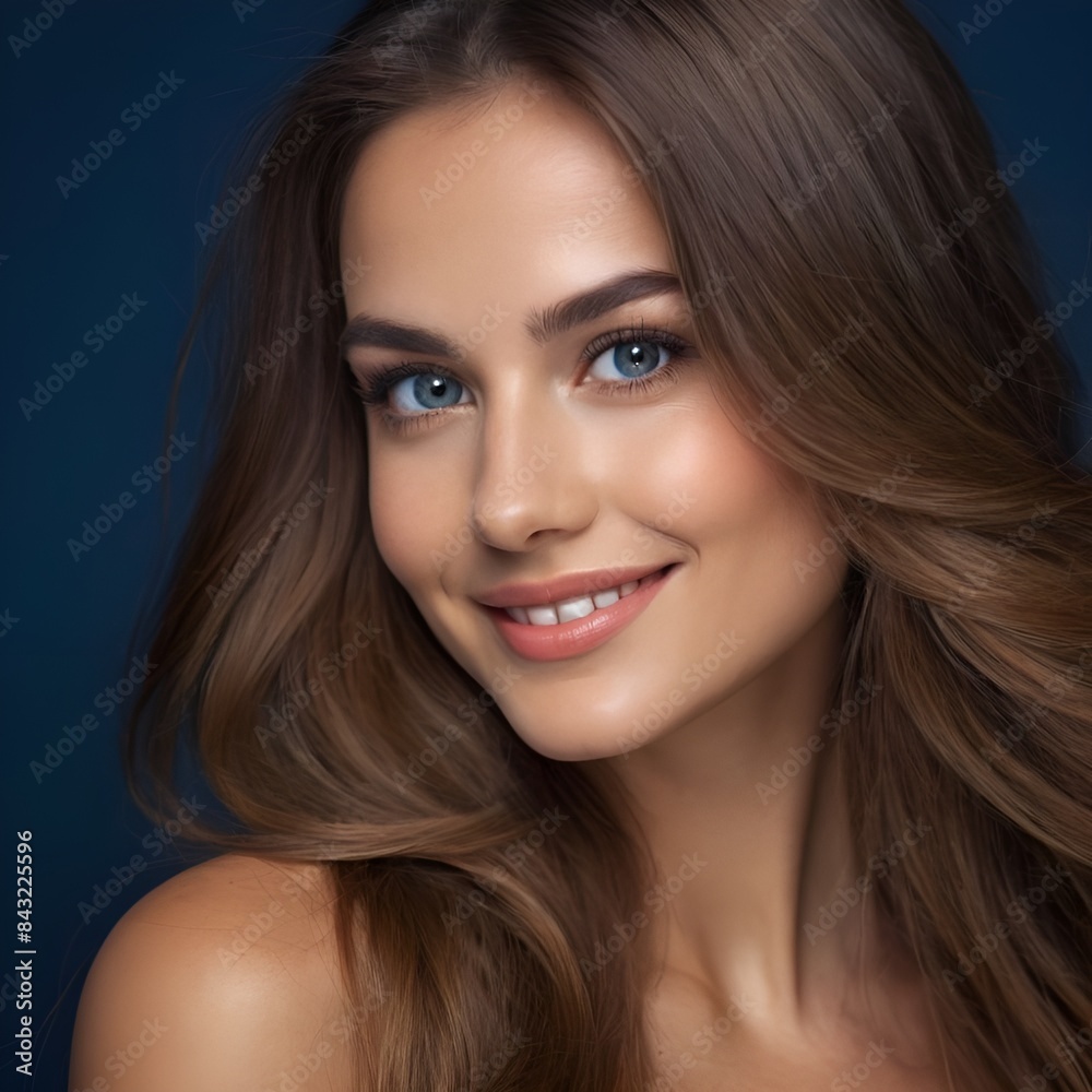 Obraz premium Pretty european beauty woman long hair with makeup glowing face and healthy facial skin portrait smile on isolated dark blue background